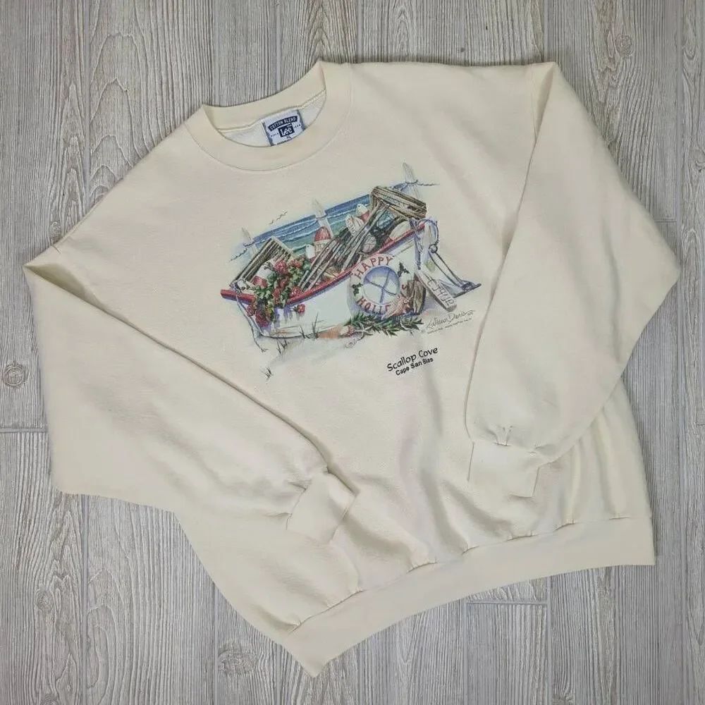 Vintage 90s Lee Men’s XL Scallop Cove Cream Pullover Crewneck Sweater